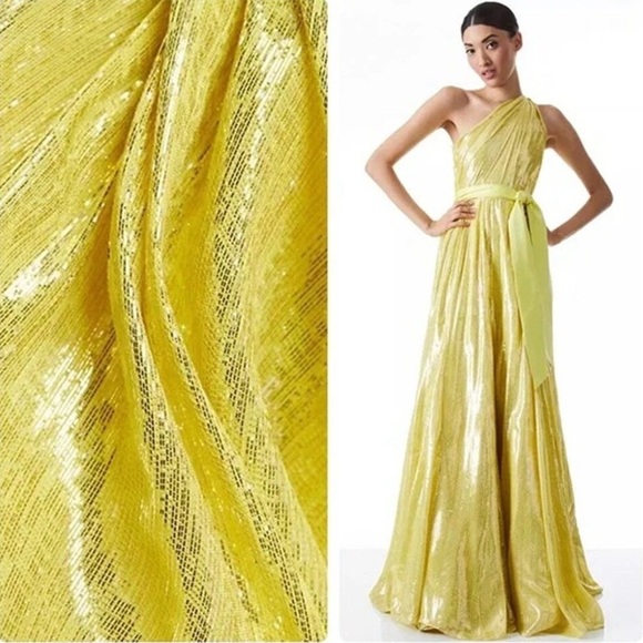 Alice & Olivia Milan One-Shoulder Gathered Metallic Gown in Lemon Sorbet - 4 - Picture 6 of 15